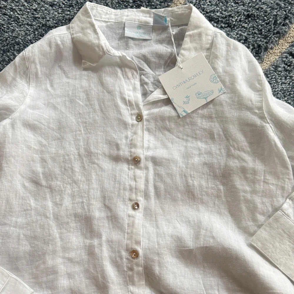 Cynthia Rowley Cropped style White Button Down Linen Shirt - Picture 4 of 5